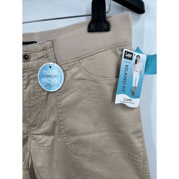 Lee Capri Pants 12 Tan Chino Khaki Cago Comfort Waist Casual Cotton Stretch NEW - Picture 2 of 8